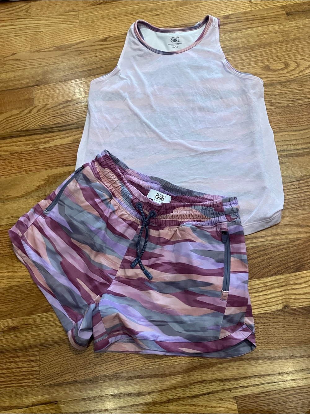 Athleta Girls Light Pink Tank with Pink & Purple Camo Shorts Sz 14 EUC